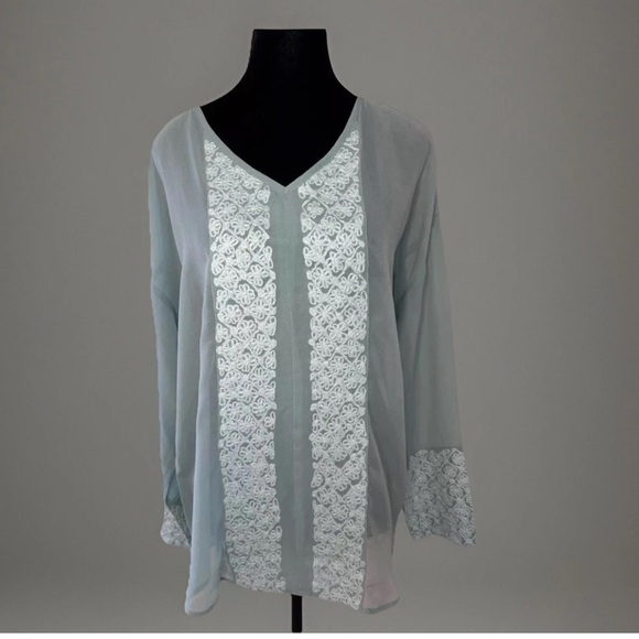 Sundance Top Silk Tunic M Green Blue Sheer Crochet Cottage Boho Party Shirt EUC - Picture 1 of 7